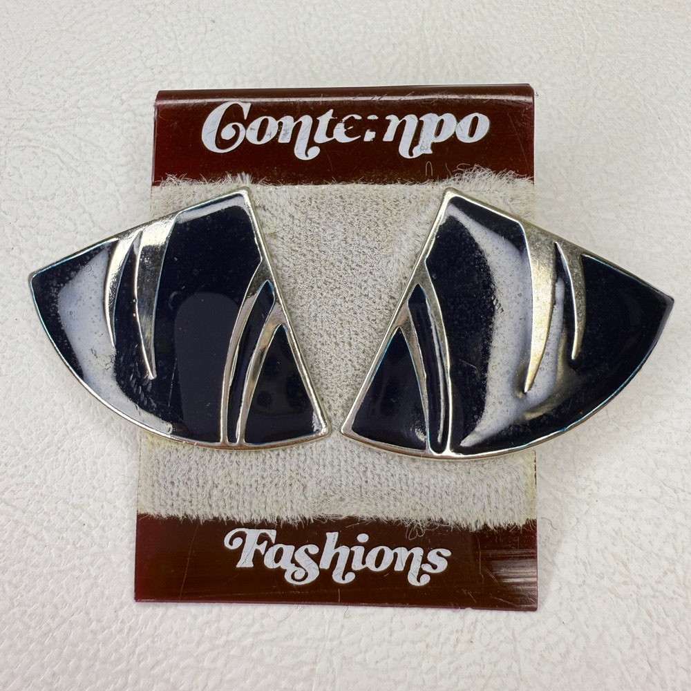 Contempo Fashions Vintage 80s Clip On Earrings Black‎ Silver Tone Geometric